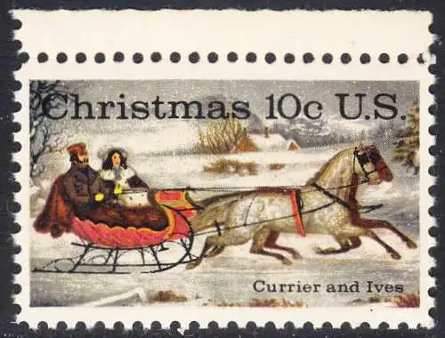 USA Michel 1161 / Scott 1551 postfrisch EINZELMARKE RAND oben (a2) - Weihnachten; Schlittenfahrt; Zeichnung von Otto Knirsch