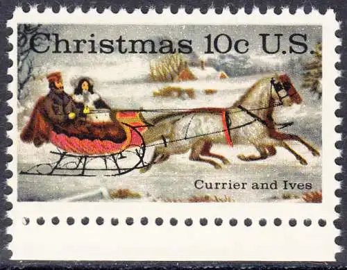 USA Michel 1161 / Scott 1551 postfrisch EINZELMARKE RAND unten (a2) - Weihnachten; Schlittenfahrt; Zeichnung von Otto Knirsch