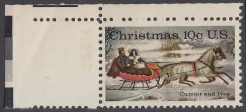 USA Michel 1161 / Scott 1551 postfrisch EINZELMARKE ECKRAND oben links m/ Platten-# 36525 (m/Falte) - Weihnachten; Schlittenfahrt; Zeichnung von Otto Knirsch