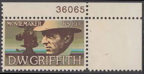 USA Michel 1173 / Scott 1555 postfrisch EINZELMRKE ECKRAND oben rechts m/ Platten-# 36065 (Gumm.beeintr.) - Amerikanische Künstler: David Wark Griffith, Filmregissuer und -produzent
