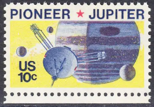 USA Michel 1164 / Scott 1556 postfrisch EINZELMARKE RAND unten (a2) - Pioneer-Programm zur Erforschung des Planeten Jupiter; Raumsonde Pioneer, Planet Jupiter mit Monden