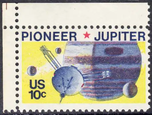 USA Michel 1164 / Scott 1556 postfrisch EINZELMARKE ECKRAND oben links - Pioneer-Programm zur Erforschung des Planeten Jupiter; Raumsonde Pioneer, Planet Jupiter mit Monden