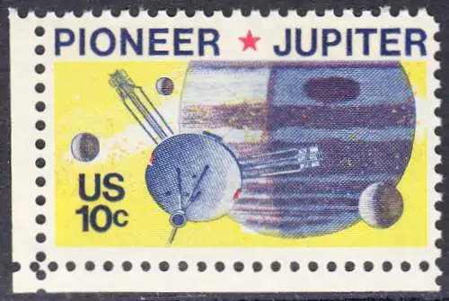 USA Michel 1164 / Scott 1556 postfrisch EINZELMARKE ECKRAND unten links - Pioneer-Programm zur Erforschung des Planeten Jupiter; Raumsonde Pioneer, Planet Jupiter mit Monden