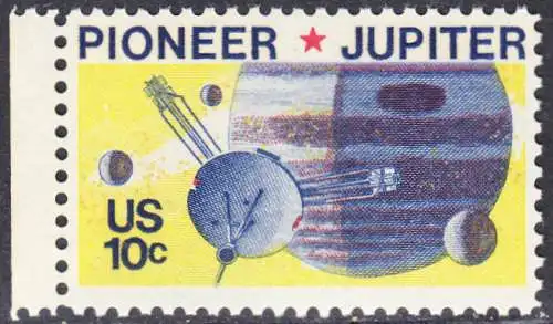 USA Michel 1164 / Scott 1556 postfrisch EINZELMARKE RAND links (a1) - Pioneer-Programm zur Erforschung des Planeten Jupiter; Raumsonde Pioneer, Planet Jupiter mit Monden