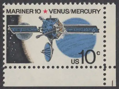 USA Michel 1170 / Scott 1557 postfrisch EINZELMARKE ECKRAND unten rechts - Mariner-10-Programm zur Erforschung der Planeten Venus und Merkur