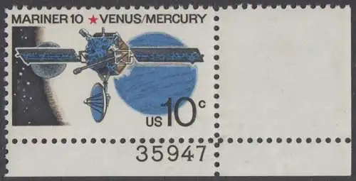 USA Michel 1170 / Scott 1557 postfrisch EINZELMARKE ECKRAND unten rechts m/ Platten-# 35947 (Gumm.beeintr.) - Mariner-10-Programm zur Erforschung der Planeten Venus und Merkur