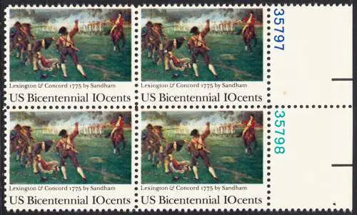 USA Michel 1171 / Scott 1563 postfrisch BLOCK RÄNDER rechsts m/ Platten-# (a1) - 200 Jahre Unabhängigkeit der Vereinigten Staaten von Amerika (1976): 200. Jahrestag der Schlacht von Lexington-Concord