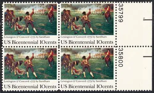 USA Michel 1171 / Scott 1563 postfrisch BLOCK RÄNDER rechsts m/ Platten-# (a2) - 200 Jahre Unabhängigkeit der Vereinigten Staaten von Amerika (1976): 200. Jahrestag der Schlacht von Lexington-Concord