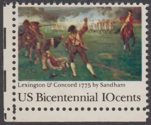 USA Michel 1171 / Scott 1563 postfrisch EINZELMARKE ECKRAND unten links - 200 Jahre Unabhängigkeit der Vereinigten Staaten von Amerika (1976): 200. Jahrestag der Schlacht von Lexington-Concord