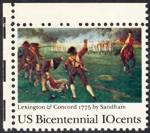 USA Michel 1171 / Scott 1563 postfrisch EINZELMARKE ECKRAND oben links - 200 Jahre Unabhängigkeit der Vereinigten Staaten von Amerika (1976): 200. Jahrestag der Schlacht von Lexington-Concord