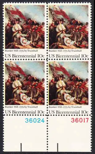 USA Michel 1174 / Scott 1564 postfrisch BLOCK RÄNDER unten m/ Platten-# (a1)  - 200 Jahre Unabhängigkeit der Vereinigten Staaten von Amerika (1976): 200. Jahrestag der Schlacht von Bunker Hill