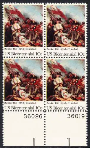 USA Michel 1174 / Scott 1564 postfrisch BLOCK RÄNDER unten m/ Platten-# (a2)  - 200 Jahre Unabhängigkeit der Vereinigten Staaten von Amerika (1976): 200. Jahrestag der Schlacht von Bunker Hill