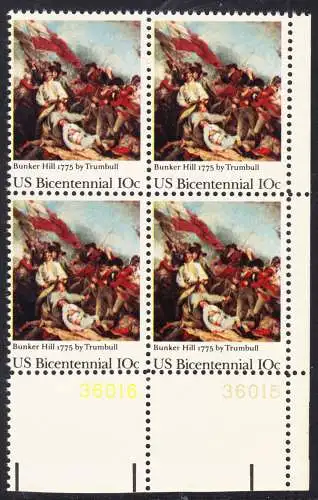 USA Michel 1174 / Scott 1564 postfrisch BLOCK RÄNDER unten rechts m/ Platten-#  - 200 Jahre Unabhängigkeit der Vereinigten Staaten von Amerika (1976): 200. Jahrestag der Schlacht von Bunker Hill