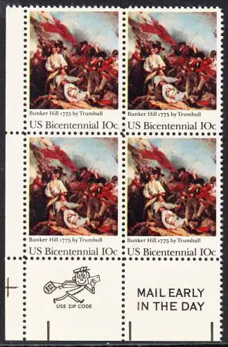 USA Michel 1174 / Scott 1564 postfrisch BLOCK RÄNDER unten links m/ ZIP  - 200 Jahre Unabhängigkeit der Vereinigten Staaten von Amerika (1976): 200. Jahrestag der Schlacht von Bunker Hill