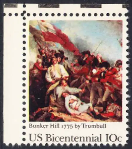 USA Michel 1174 / Scott 1564 postfrisch EINZELMARKE ECKRAND oben links - 200 Jahre Unabhängigkeit der Vereinigten Staaten von Amerika (1976): 200. Jahrestag der Schlacht von Bunker Hill