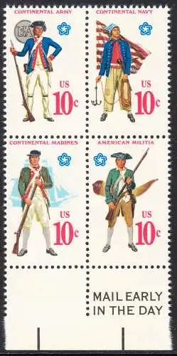 USA Michel 1175-1178 / Scott 1565-1568 postfrisch BLOCK RÄNDER unten m/MailEarly - 200 Jahre Unabhängigkeit der Vereinigten Staaten von Amerika (1976): Militäruniformen (Marineinfanterie / Bürgerwehr / Heer / Seestreitkräfte)