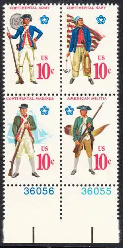 USA Michel 1175-1178 / Scott 1565-1568 postfrisch BLOCK RÄNDER unten m/ Platten-# (a2) - 200 Jahre Unabhängigkeit der Vereinigten Staaten von Amerika (1976): Militäruniformen (Marineinfanterie / Bürgerwehr / Heer / Seestreitkräfte)