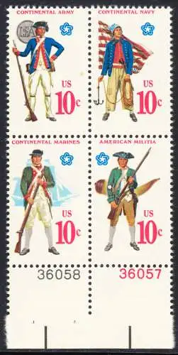 USA Michel 1175-1178 / Scott 1565-1568 postfrisch BLOCK RÄNDER unten m/ Platten-# (a1) - 200 Jahre Unabhängigkeit der Vereinigten Staaten von Amerika (1976): Militäruniformen (Marineinfanterie / Bürgerwehr / Heer / Seestreitkräfte)