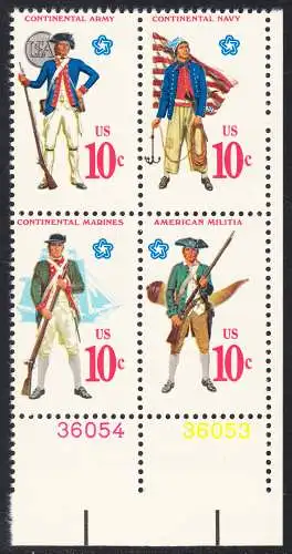 USA Michel 1175-1178 / Scott 1565-1568 postfrisch BLOCK ECKRAND unten rechts m/ Platten-#  - 200 Jahre Unabhängigkeit der Vereinigten Staaten von Amerika (1976): Militäruniformen (Marineinfanterie / Bürgerwehr / Heer / Seestreitkräfte)