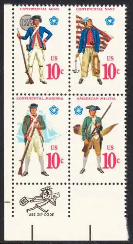 USA Michel 1175-1178 / Scott 1565-1568 postfrisch BLOCK ECKRAND unten links m/ ZIP  - 200 Jahre Unabhängigkeit der Vereinigten Staaten von Amerika (1976): Militäruniformen (Marineinfanterie / Bürgerwehr / Heer / Seestreitkräfte)