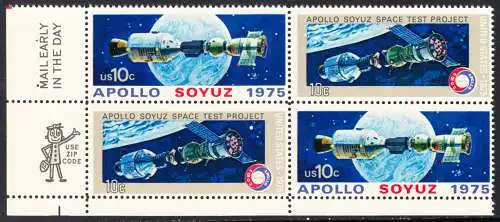 USA Michel 1179-1180 / Scott 1569-1570 postfrisch BLOCK ECKRAND unten links m/ ZIP - Amerikanisch-sowjetisches Raumfahrt-Unternehmen Apollo-Sojus