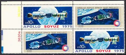 USA Michel 1179-1180 / Scott 1569-1570 postfrisch BLOCK ECKRAND oben links m/ Platten-# - Amerikanisch-sowjetisches Raumfahrt-Unternehmen Apollo-Sojus