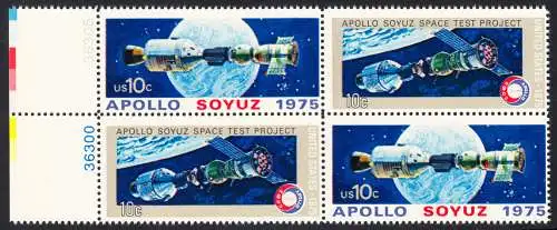 USA Michel 1179-1180 / Scott 1569-1570 postfrisch BLOCK RÄNDER links m/ Platten-# (a1) - Amerikanisch-sowjetisches Raumfahrt-Unternehmen Apollo-Sojus