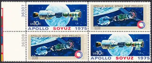USA Michel 1179-1180 / Scott 1569-1570 postfrisch BLOCK RÄNDER links m/ Platten-# (a2) - Amerikanisch-sowjetisches Raumfahrt-Unternehmen Apollo-Sojus