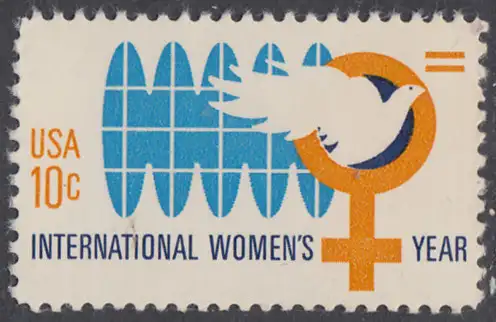 USA Michel 1181 / Scott 1571 postfrisch EINZELMARKE  (Gumm. beeintr.) - Internationales Jahr der Frau; Weltkugel, Friedenstaube, biologisches Zeichen für weiblich