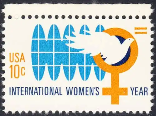 USA Michel 1181 / Scott 1571 postfrisch EINZELMARKE RAND oben - Internationales Jahr der Frau; Weltkugel, Friedenstaube, biologisches Zeichen für weiblich