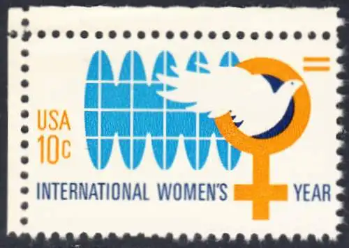 USA Michel 1181 / Scott 1571 postfrisch EINZELMARKE ECKRAND oben links - Internationales Jahr der Frau; Weltkugel, Friedenstaube, biologisches Zeichen für weiblich