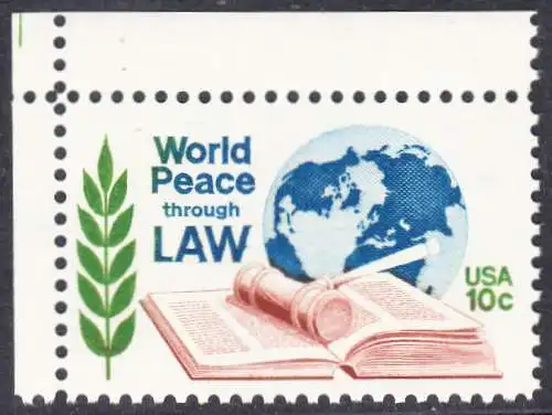 USA Michel 1186 / Scott 1576 postfrisch EINZELMARKE ECKRAND oben links - Juristenkongress in Washington, DC; Gesetzbuch und Hammer vor Erdkugel