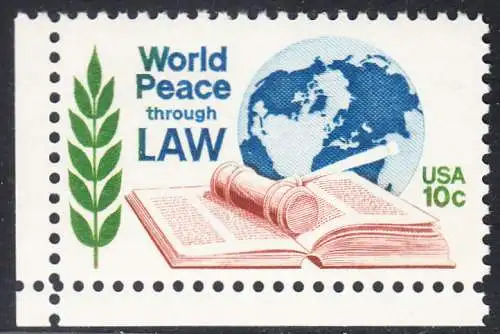 USA Michel 1186 / Scott 1576 postfrisch EINZELMARKE ECKRAND unten links - Juristenkongress in Washington, DC; Gesetzbuch und Hammer vor Erdkugel