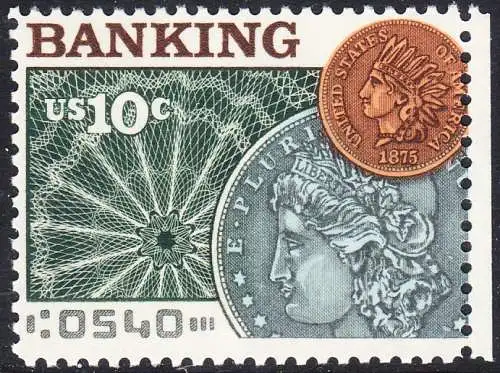 USA Michel 1187 / Scott 1577 postfrisch EINZELMARKE RAND rechts (a2) - Amerikanischer Bankverein; Münzen vor Banknotenrosette