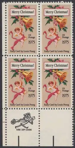 USA Michel 1189 / Scott 1580 postfrisch BLOCK ECKRAND unten links m/ ZIP-Emblem (Gumm.beeintr.) - Weihnachten