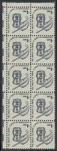 USA Michel 1320 / Scott 1581 postfrisch vert.BLOCK(10) ECKRAND oben links (m/Falte) - Americana-Ausgabe: Tintenfass und Federkiel im Kolonialstil 