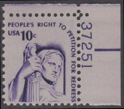 USA Michel 1319 / Scott 1592 postfrisch EINZELMARKE ECKRAND oben rechts m/ Platten-# 37251 - Americana-Ausgabe: Betrachtung der Gerechtigkeit; Statue von James Earle Fraser 