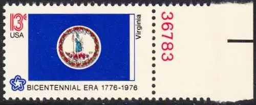 USA Michel 1212/ Scott 1642 postfrisch EINZELMARKE RAND rechts m/ Platten-# 36783  - Staats-Flaggen: Virginia