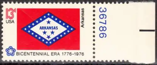 USA Michel 1227 / Scott 1657 postfrisch EINZELMARKE RAND rechts m/ Platten-# 36786 - Staats-Flaggen: Arkansas