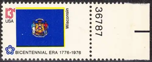 USA Michel 1232 / Scott 1662 postfrisch EINZELMARKE RAND rechts m/ Platten-# 36787 - Staats-Flaggen: Wisconsin