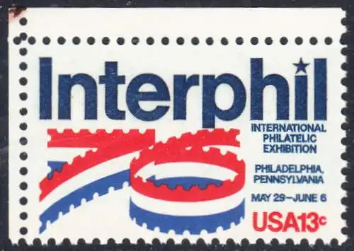 USA Michel 1202 / Scott 1632 postfrisch EINZELMARKE ECKRAND oben links - Internationale Briefmarkenausstellung „Interphil“, Philadelphia