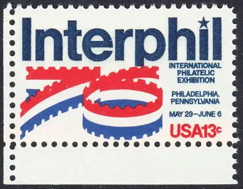 USA Michel 1202 / Scott 1632 postfrisch EINZELMARKE ECKRAND unten links - Internationale Briefmarkenausstellung „Interphil“, Philadelphia