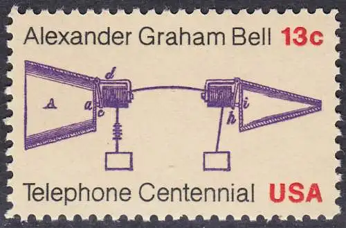 USA Michel 1253 / Scott 1683 postfrisch EINZELMARKE (a2) - 100 Jahre Telefon, Schemazeichnung des Telefons von Alexander Graham Bell