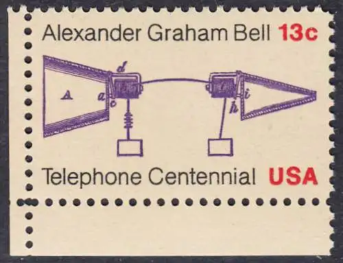 USA Michel 1253 / Scott 1683 postfrisch EINZELMARKE ECKRAND unten links - 100 Jahre Telefon, Schemazeichnung des Telefons von Alexander Graham Bell