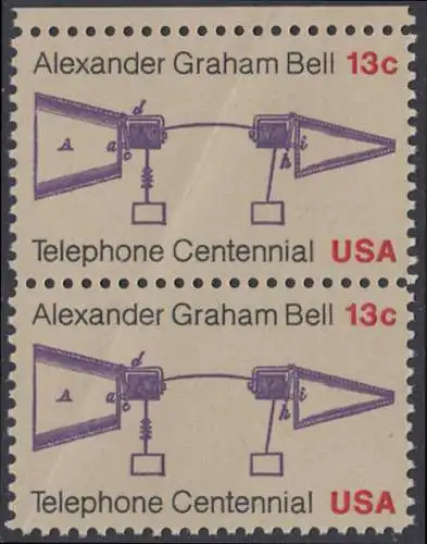 USA Michel 1253 / Scott 1683 postfrisch vert.PAAR RAND oben (m/ Falte) - 100 Jahre Telefon, Schemazeichnung des Telefons von Alexander Graham Bell
