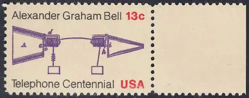 USA Michel 1253 / Scott 1683 postfrisch EINZELMARKE RAND rechts - 100 Jahre Telefon, Schemazeichnung des Telefons von Alexander Graham Bell