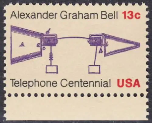 USA Michel 1253 / Scott 1683 postfrisch EINZELMARKE RAND unten - 100 Jahre Telefon, Schemazeichnung des Telefons von Alexander Graham Bell