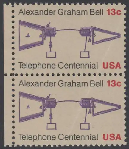 USA Michel 1253 / Scott 1683 postfrisch vert.PAAR RÄNDER links (m/ Falte) - 100 Jahre Telefon, Schemazeichnung des Telefons von Alexander Graham Bell