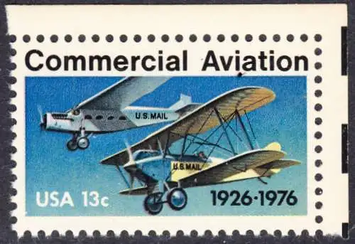 USA Michel 1254 / Scott 1684 postfrisch EINZELMARKE ECKRAND oben rechts - 50 Jahre kommerzieller Luftpostdienst; Flugzeuge der Typen Stout Air Pullman und Laird Swallow