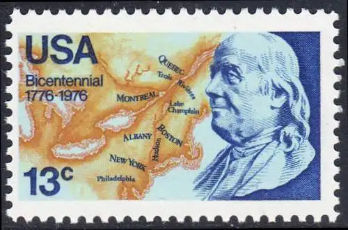 USA Michel 1277 / Scott 1690 postfrisch EINZELMARKE (a2) - Unabhängigkeit der Vereinigten Staaten von Amerika: Benjamin Franklin (1706-1790), 1. Generalpostmeister für Kanada und die USA, Politiker; Landkarte von Nordamerika
